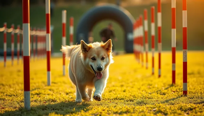 Köpek parkurda slalom engelini tamamlarken, sahip işaretle yönlendiriyor