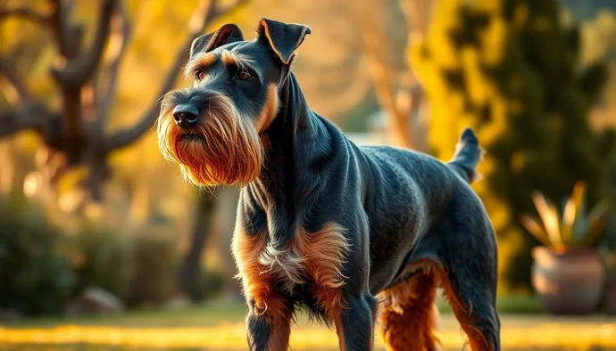 Airedale Terrier ırkının tipik görünümü: siyah-grizzle gövde üzerinde kestane rengi işaretler ve kablotsu tüy yapısı