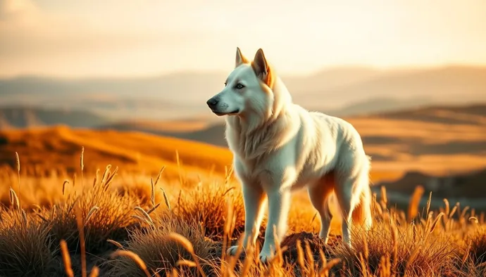 Akbaş köpeği yüksek otlak alanda nöbet tutarken, beyaz kürküyle Anadolu manzarası