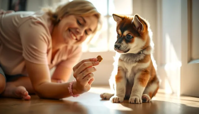 Yavru Akita Inu eğitim seansında pozitif pekiştirme yöntemi uygulayan sahip
