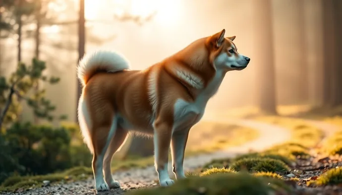 Akita Inu cinsi yetişkin köpek doğada yürüyüş yaparken, kaslı yapısı ve dik duruşu görülüyor