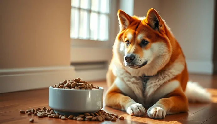 Akita Inu köpeği yüksek kaliteli kuru mama tabağının yanında oturuyor
