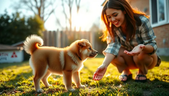Akita Inu yavru köpek dışarıda tuvalet molası verirken, sahibi aferin komutu veriyor