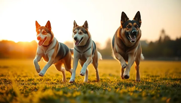 Aktif köpek ırkları - Border Collie, Husky ve Alman Çoban Köpeği koşu sırasında