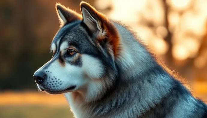 Alaskan Malamute - kurt benzeri yüz yapısı ve kalın çift katlı tüyleriyle çekilmiş profile görüntüsü