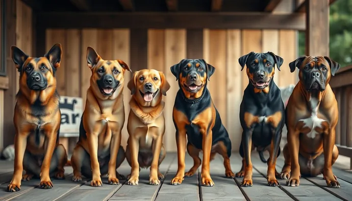 Alman köpek ırkları koleksiyonu: German Shepherd, Doberman, Dachshund, Rottweiler ve Boxer gibi farklı boy ve tüy yapılarındaki ırkların yan yana görünümü
