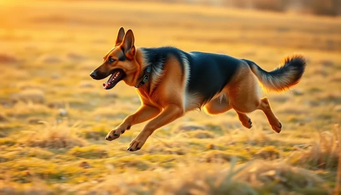Alman kurdu açık alanda koşarak egzersiz yaparken, kas yapısı ve enerji seviyesi görünür