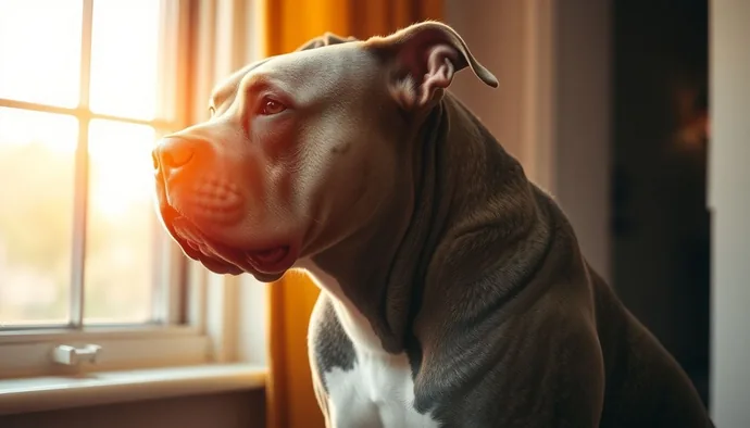 American Bully ırkının kaslı göğüs yapısı ve geniş kafa profili gösteren yan portresi