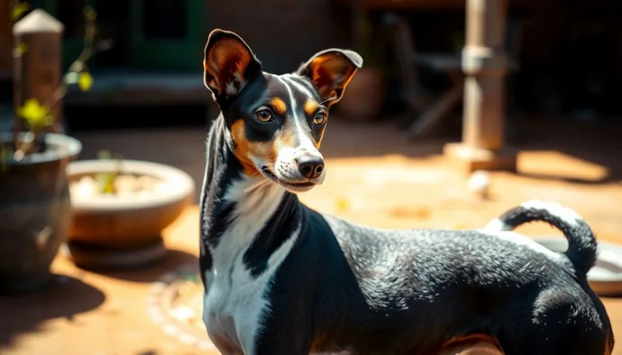 Siyah ve beyaz tüylü bir Basenji köpeği, dik kulakları ve kıvrık kuyruğuyla karakteristik duruş sergiliyor