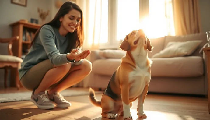 Beagle sahibi, sevdiği köpeğine oturma komutu verirken eğitim seansını gösteriyor