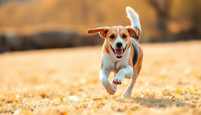 Beagle ırkının enerjik yapısını gösteren kahverengi-beyaz tüylü bir yetişkin Beagle koşarken
