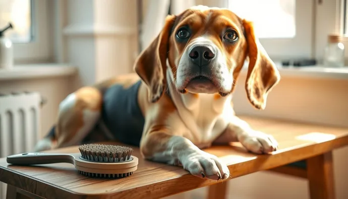 Beagle köpeğin kısa, yoğun ve hava koşullarına dayanıklı tüy yapısını ve doğru fırça türlerini gösteren grooming sahnesi