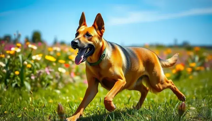 Belçika Malinois köpeği geniş bir alanda koşarken