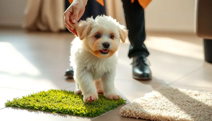 Bichon Frise yavrusunun farklı zeminlerde (çim, fayans, halı) sosyalleşme eğitimi sırasında koçla ve ödül ile motivasyon sağlanması