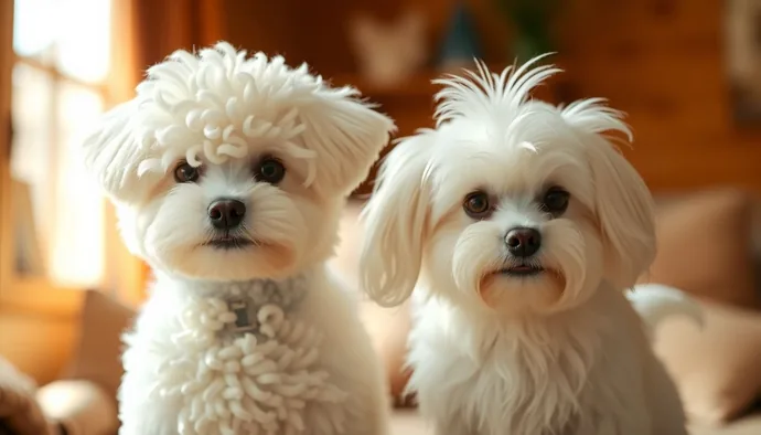 Bichon Frise ve Maltese yan yana dururken beyaz tüy yapılarının farklılığını gösteren fotoğraf