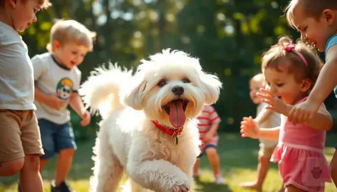 Bichon Frise köpeğinin sosyal yapısını ve sevecen karakterini gösteren bir görüntü