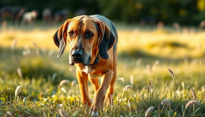 Kan izinde ilerleyen yetişkin bir Bloodhound köpeği, sarkık kulakları ve yüzündeki belirgin deri kıvrımlarıyla karakteristik duruşunu sergilerken