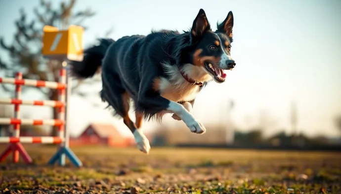 Aktif bir Border Collie'nin parkurda koşarken kas kütlesini korumaya uygun enerji yoğunluğundaki mama ile beslenmesi