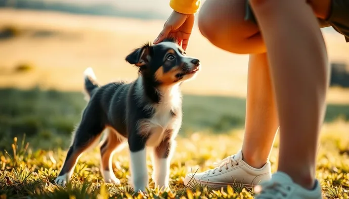 Yavru Border Collie'nin açık alanda tuvalet eğitimi sırasında sahibiyle koordineli çalışması