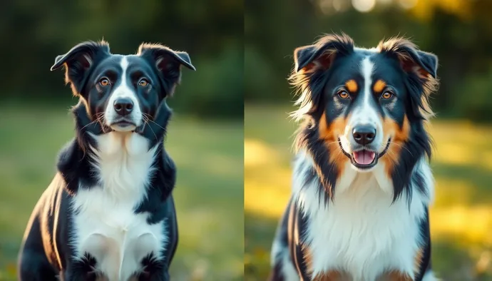 Border Collie ve Australian Shepherd yan yana dururken görünümü — iki çoban köpeğinin fiziksel farklılıklarını gösteren karşılaştırma