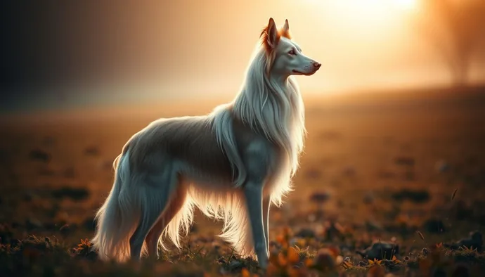 Borzoi ırkının zarif duruşunu ve uzun ipek tüylerini gösteren yan profil fotoğrafı