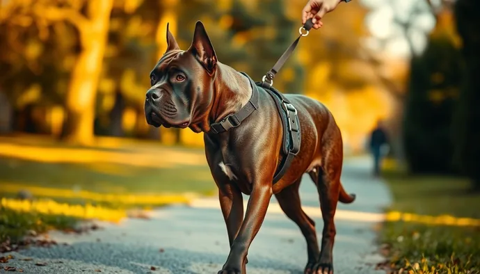 Yetişkin Cane Corso kontrollü yürüyüş sırasında doğru tasma ve yele takımıyla egzersiz yaparken