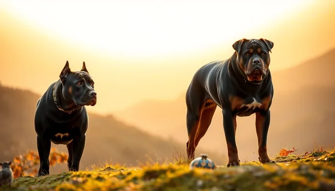 Cane Corso ve Rottweiler yan yana dururken koruma duruşları