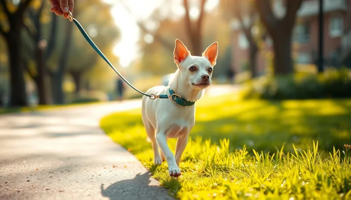 Yetişkin bir chihuahua'nın parkta kısa tasmalı yürüyüş sırasında enerjik ama kontrollü hareket ettiği sahne
