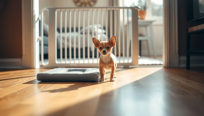 Yavru chihuahua tuvalet eğitim pedi düzeni ve baby gate ile sınırlandırılmış alan