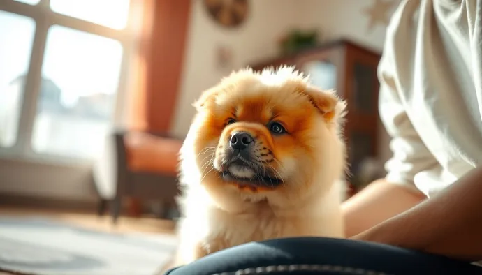 Chow Chow cinsi köpek yavrusu eğitim sırasında odaklanmış bakış açısıyla sahibine bakarken