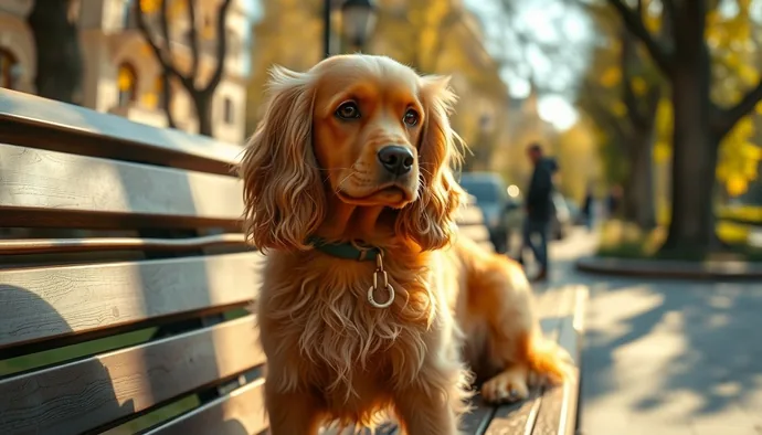Altın rengi tüylü Cocker Spaniel, yumuşak dokulu kulağı ve dikkatli ifadesiyle bir parktada oturuyor