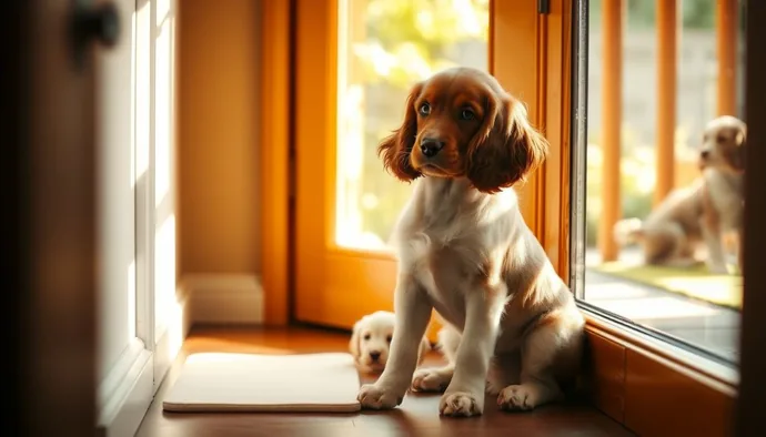 Cocker Spaniel yavrusu tuvalet eğitimi sırasında sabırlı bir şekilde dışarı çıkış beklerken