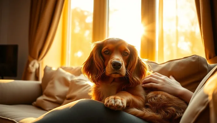 Cocker Spaniel sahibinin kucağında mutlu bir şekilde uzanmış, duygusal bağını gösteren pozisyon