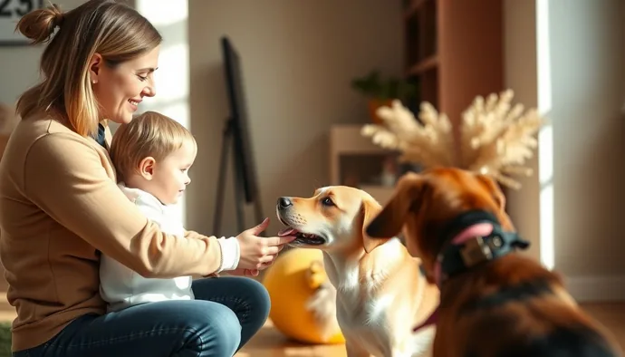Anne ve çocuğun köpek eğitmeni eşliğinde güvenli şekilde köpekle tanışması