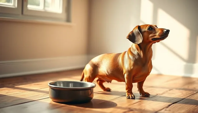 Dachshund cinsi köpeğin anatomik yapısını ve uzun omurgasını gösteren kesit çizimi, mama kabı ile birlikte