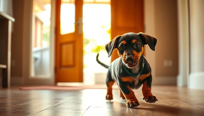 Yavru Dachshund'un dışarı çıkış için kapıya yöneldiği sahne