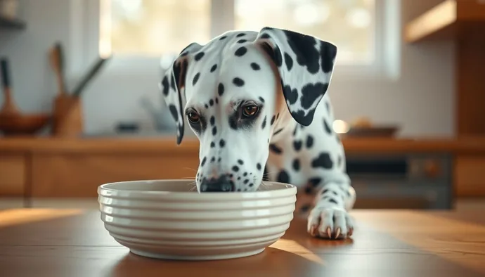 Dalmaçyalı köpek yemeğini yavaş mama kabından yiyor — purin kontrolü ve yavaş beslenme alışkanlığı için önerilen ekipman