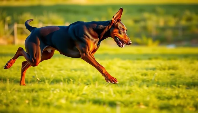 Koşan yetişkin Doberman, açık alanda aktif egzersiz yaparken