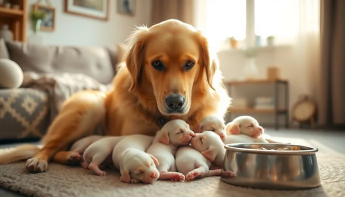 Emziren Golden Retriever anne köpek ve yavruları — laktasyon döneminde beslenme düzeni