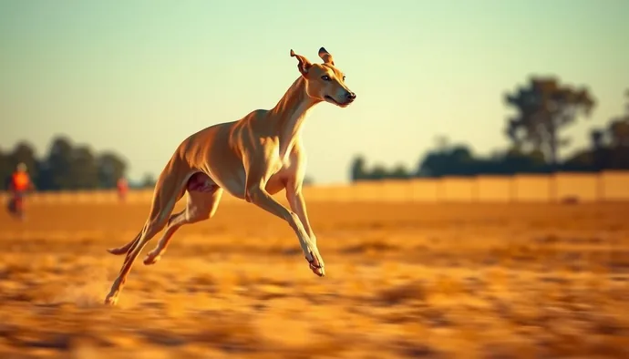 Greyhound ırkı koşarken, uzun bacakları ve aerodynamic vücut yapısıyla hız hareketini sergiliyor