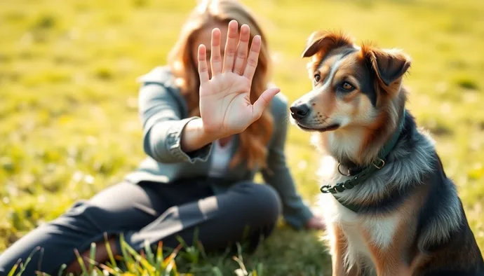 İşitme engelli bir köpeğe işaret dili komutu veren eğitmen, avucu yukarı bakacak şekilde otur komutu gösteriyor