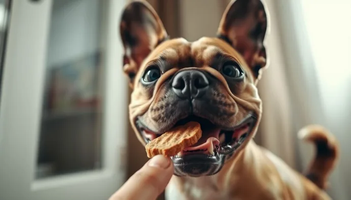 French Bulldog'un eğitim sırasında ödül mama alırken mutlu ifadesi