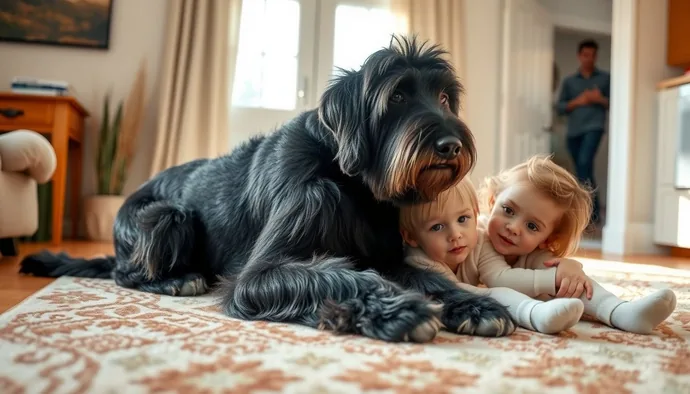 Giant Schnauzer'ın aile ortamında çocuklarla gözetim altında etkileşimi