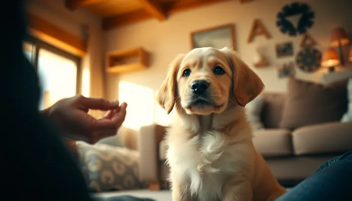Yavru Golden Retriever sahibiyle itaat eğitimi sırasında pozitif pekiştirme kullanımı