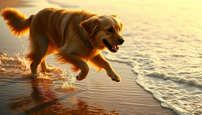 Yetişkin Golden Retriever sahiliyle koşuyor, yüzme aktivitesi gösteriliyor