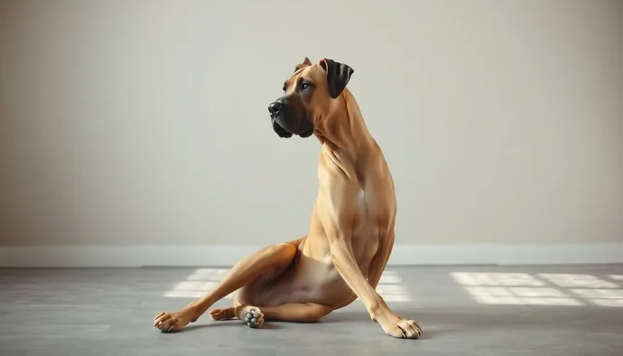 Erkek Great Dane, 80 cm omuz yüksekliğiyle yan profilde otururken görülüyor. Kısa parlak tüyleri fawn renginde, siyah maskesi ve kulakları belirgin. Arka planda düz bir zemin ve nötr aydınlatma.