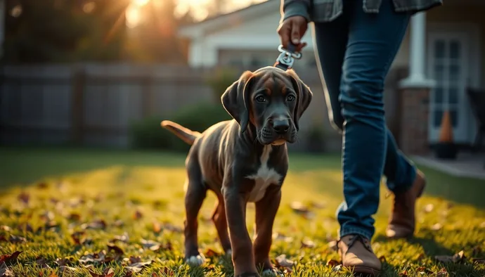Yavru Great Dane dışarıda tuvalet eğitimi sırasında sahibiyle birlikte