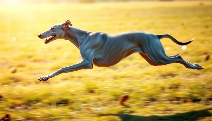 Gri tüylü Greyhound tazısı, yan profilden koşu pozisyonunda, kaslı vücut yapısı ve derin göğsü görünür halde