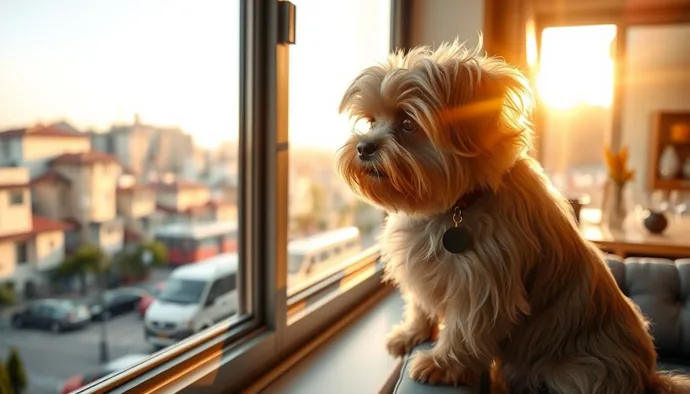 Havanese köpek apartman penceresinde dışarıyı izlerken