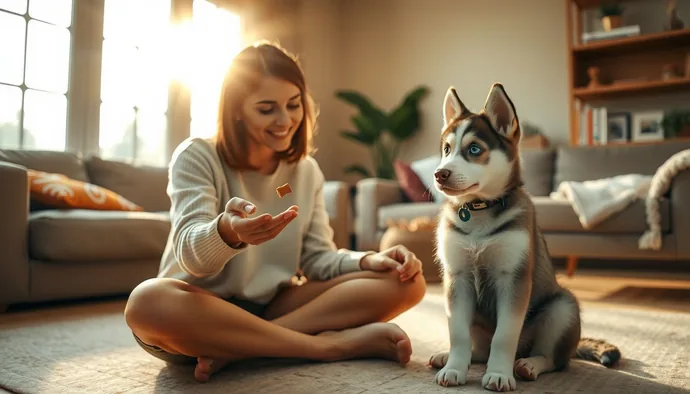Husky yavrusu ile kısa eğitim seansında pozitif pekiştirme yöntemi uygulayan sahip